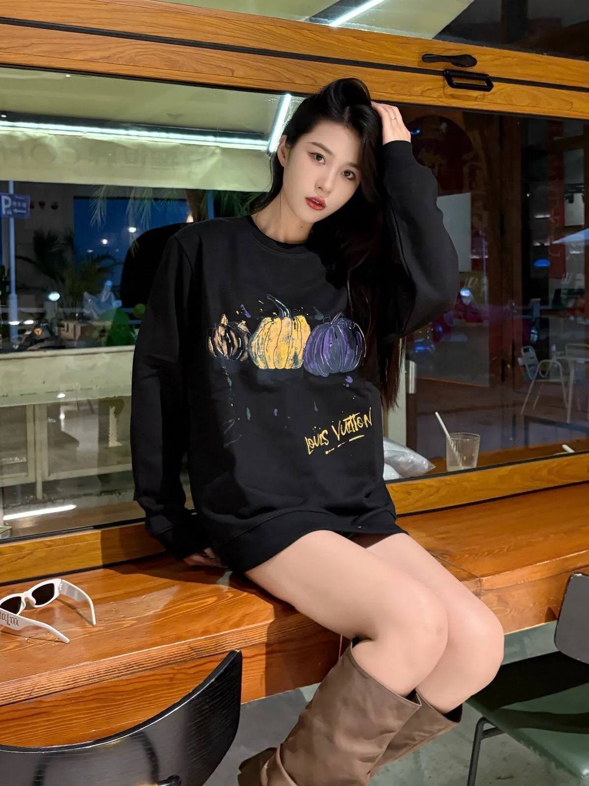 Louis Vuitton/Louis Vuitton 24FW graffiti hand-painted pumpkin round neck sweatshirt
